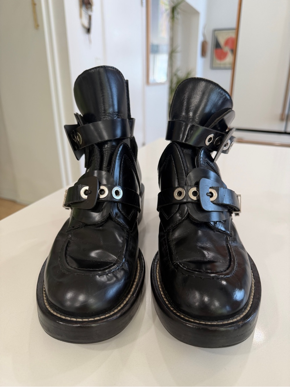 Balenciaga Black Leather Combat Moto Boots with Silver Hardware 37.5